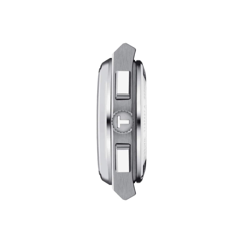 Side view of the Tissot PRX Automatic Chronograph, featuring a silver stainless steel case, crown, and two rectangular pushers, photographed on a white background to highlight its 1970s-inspired design.