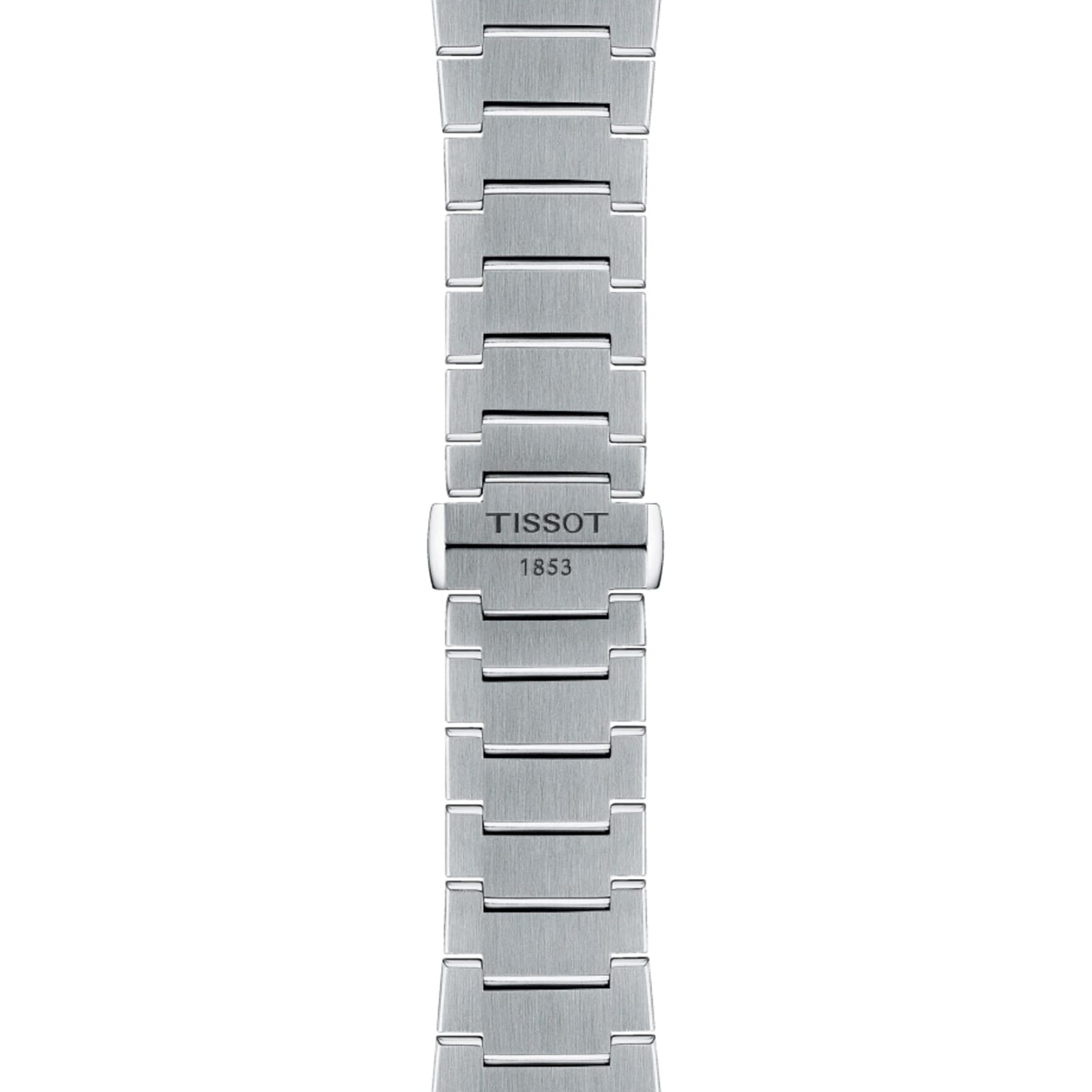 Close-up view of the Tissot PRX Automatic Chronographs silver brushed metal bracelet, showcasing the Tissot logo and 1853 engraved on the clasp—a refined touch echoing its stainless steel case.