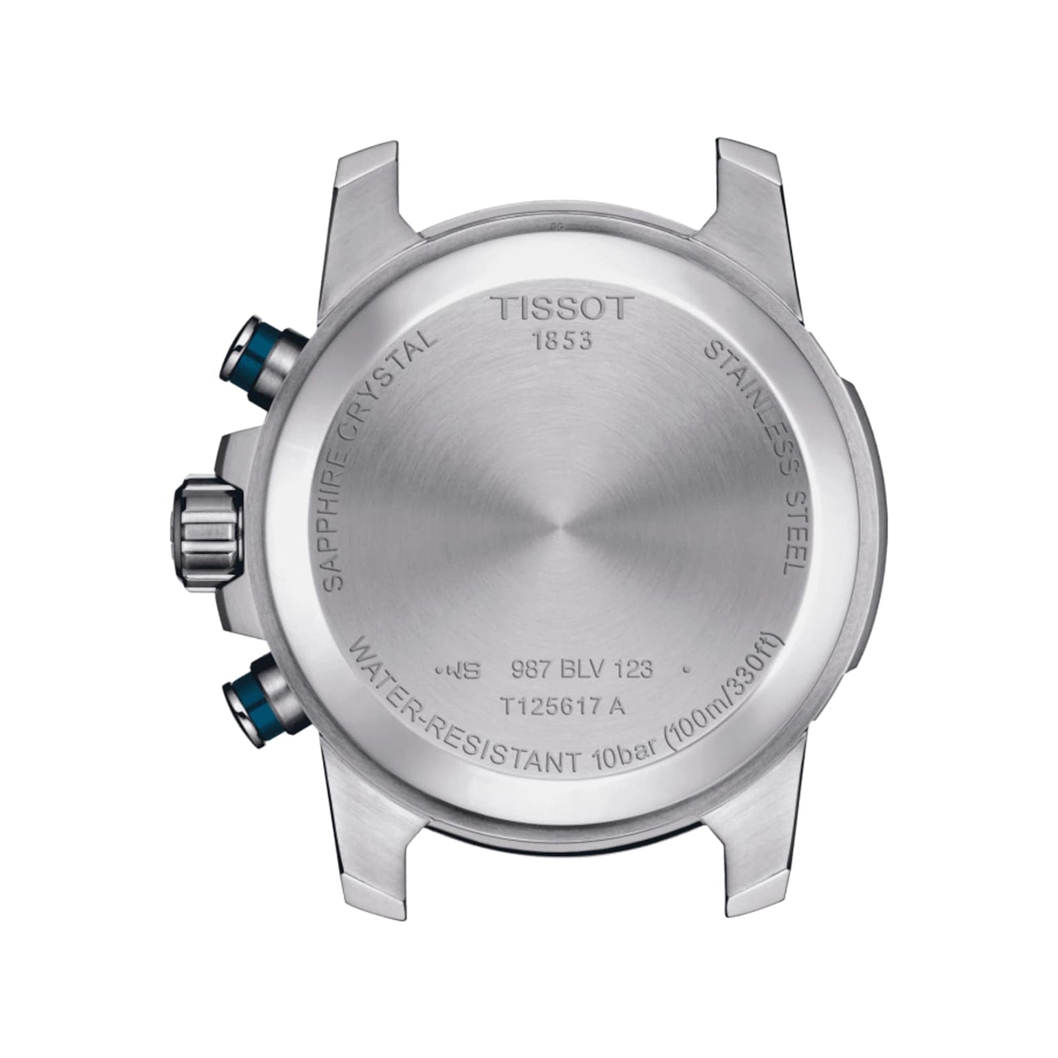 Back view of the Tissot Supersport Chrono, showcasing engraved water resistance, model number, and material details on the stainless steel case with precise Swiss quartz movement.