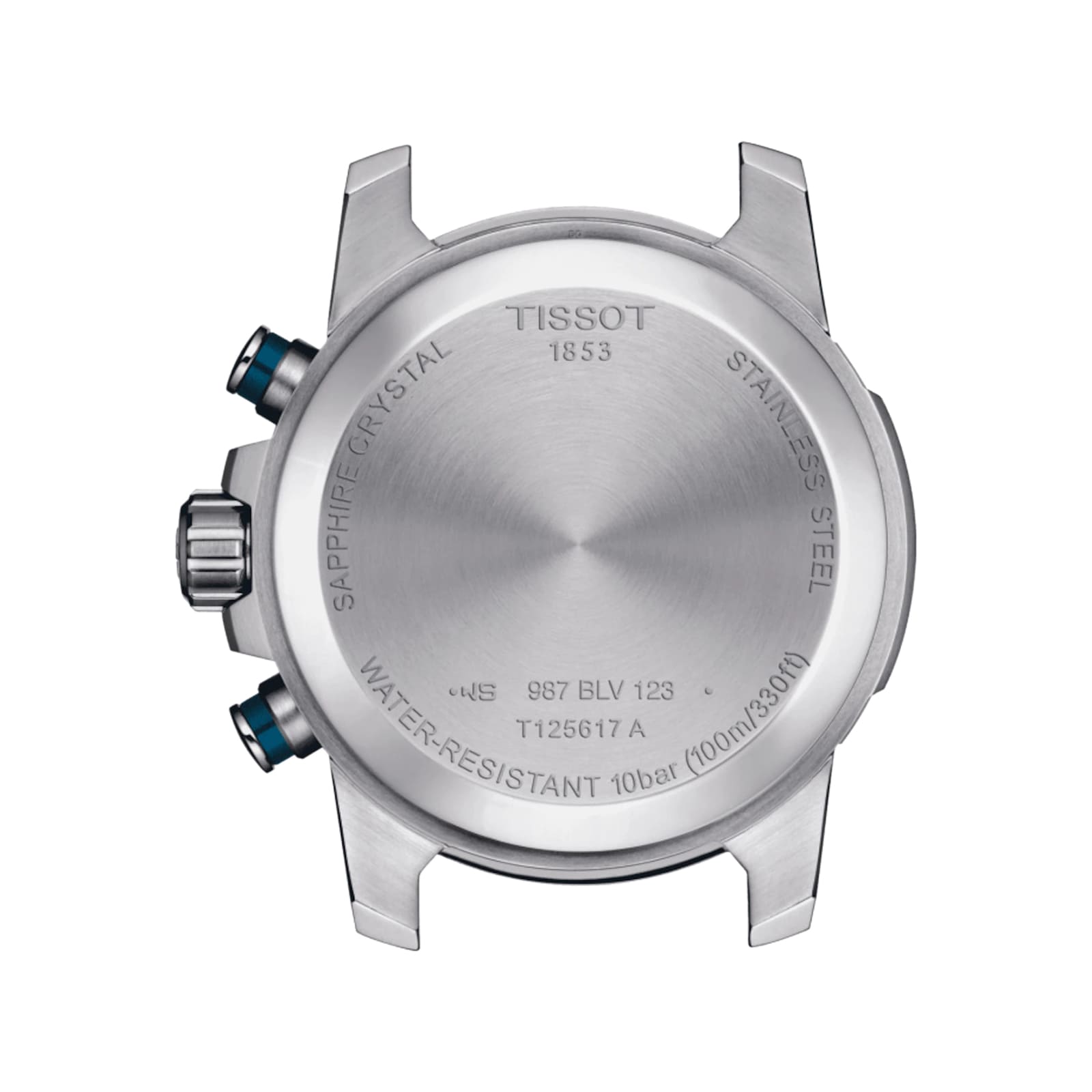 Back view of the Tissot Supersport Chrono, showcasing engraved water resistance, model number, and material details on the stainless steel case with precise Swiss quartz movement.