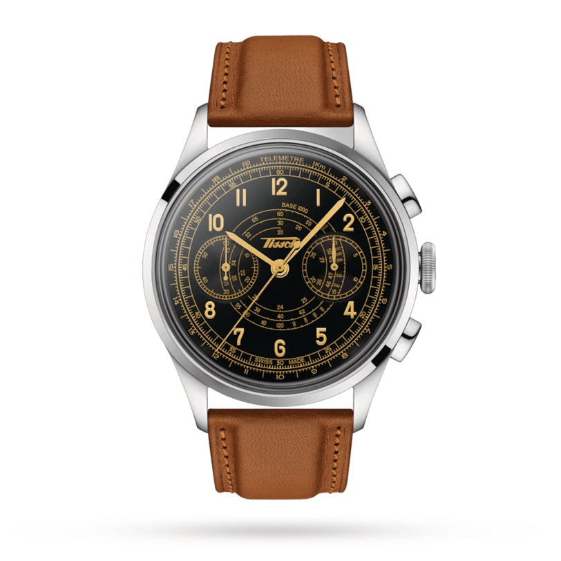 The Tissot Telemeter 1938 features a stainless steel case, black dial with gold numerals, two subdials, chronograph pushers, brown leather strap, and Swiss automatic movement.