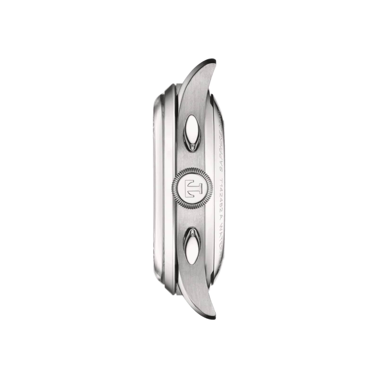 Side view of a silver Tissot Telemeter 1938 automatic watch case with two pushers, a crown bearing the Tissot logo, and curved lugs in Telemeter style, set against a white background.