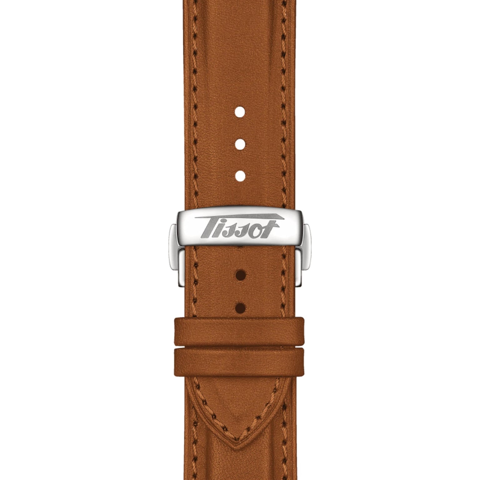 Brown leather watch strap with silver Tissot-engraved clasp and multiple adjustment holes, designed for the Tissot Telemeter 1938 to highlight Swiss automatic movement heritage.