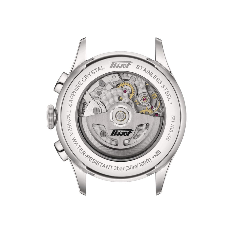 Back view of the Tissot Telemeter 1938 reveals its transparent caseback, displaying the Swiss automatic movement and engraved details, blending classic style with vintage-inspired design.