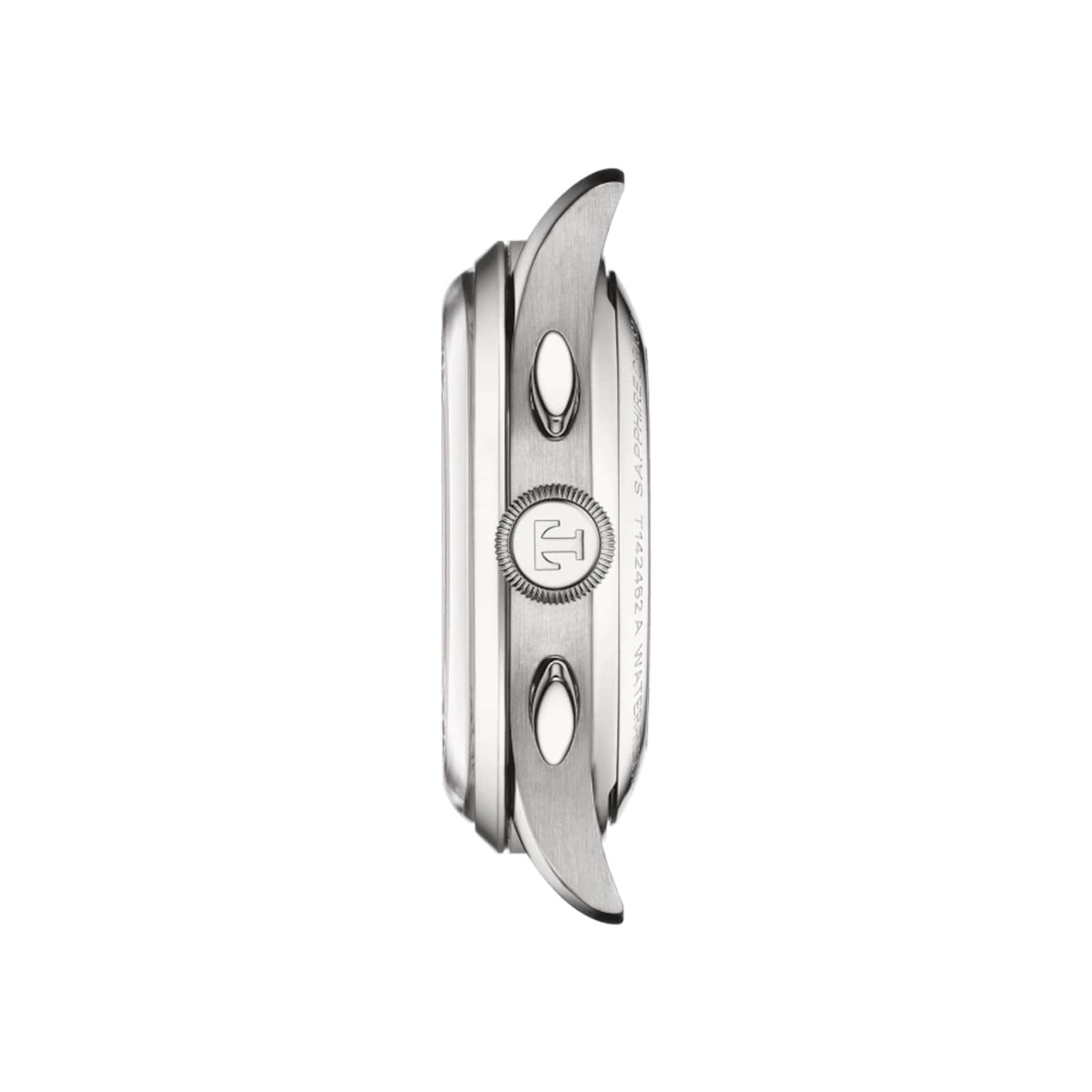 Side view of the Tissot Telemeter 1938 stainless steel case from the Telemeter collection, showcasing a vintage design with visible crown, lugs, and two pushers against a white background.