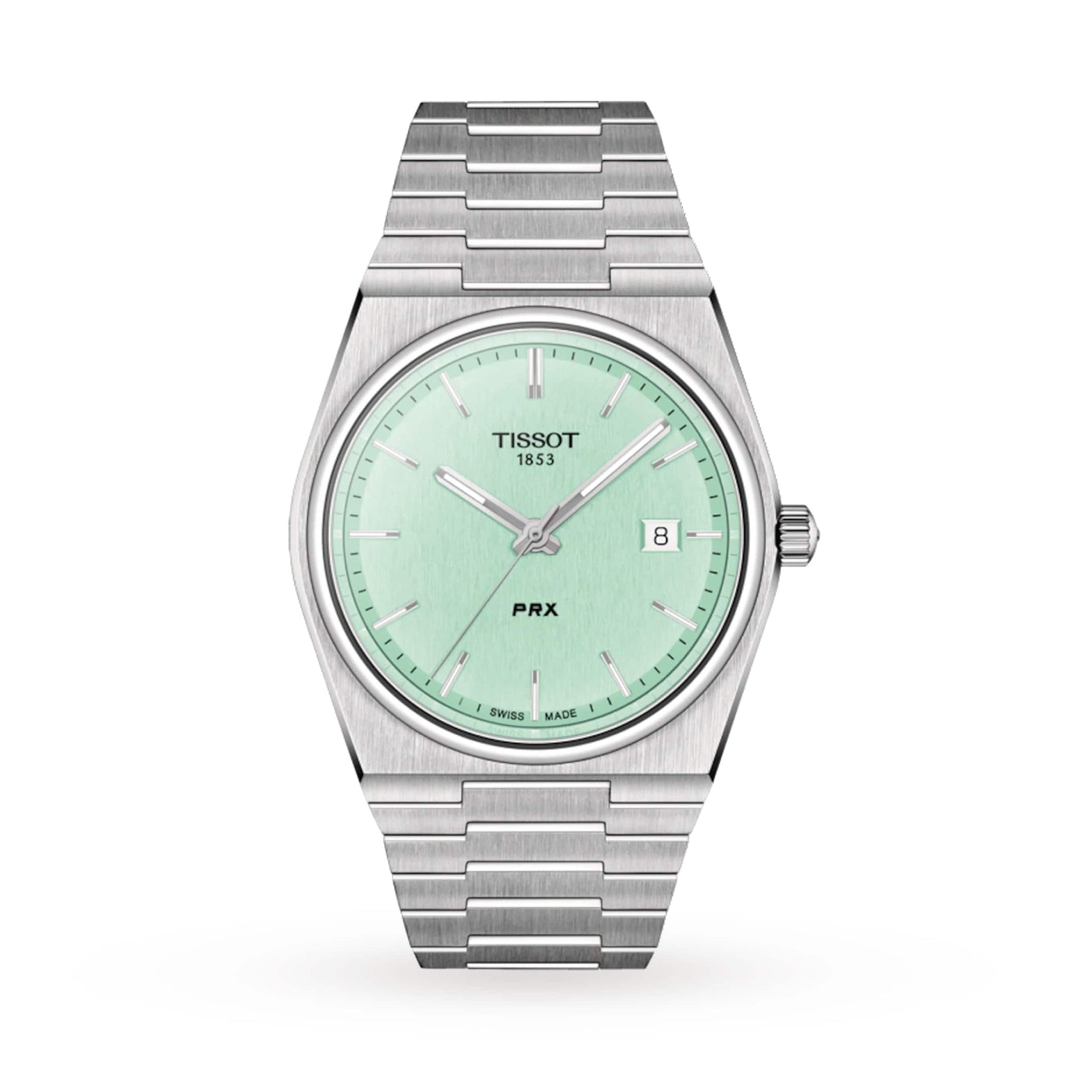 A stainless steel Tissot PRX wristwatch features a mint green dial, silver hour markers, date display at 3 o’clock, and “Tissot 1853” on the face, showcasing classic design.