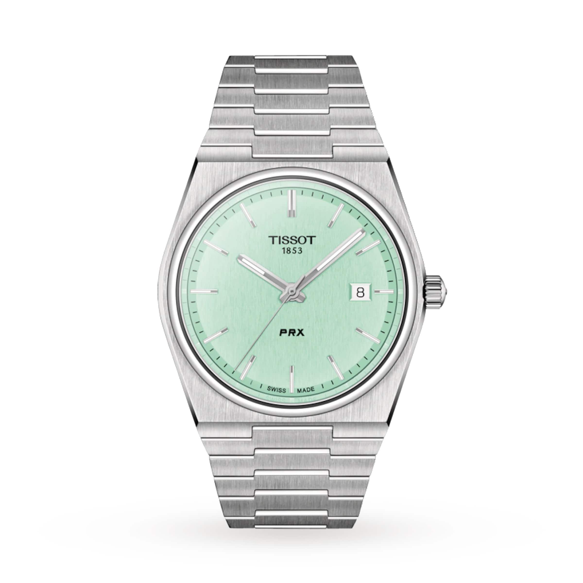 A stainless steel Tissot PRX wristwatch features a mint green dial, silver hour markers, date display at 3 o’clock, and “Tissot 1853” on the face, showcasing classic design.