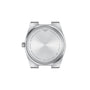 Back view of the Tissot PRX stainless steel watch highlights its sleek design, featuring engravings for the Tissot brand, PRX model name, water resistance rating, and sapphire crystal information.