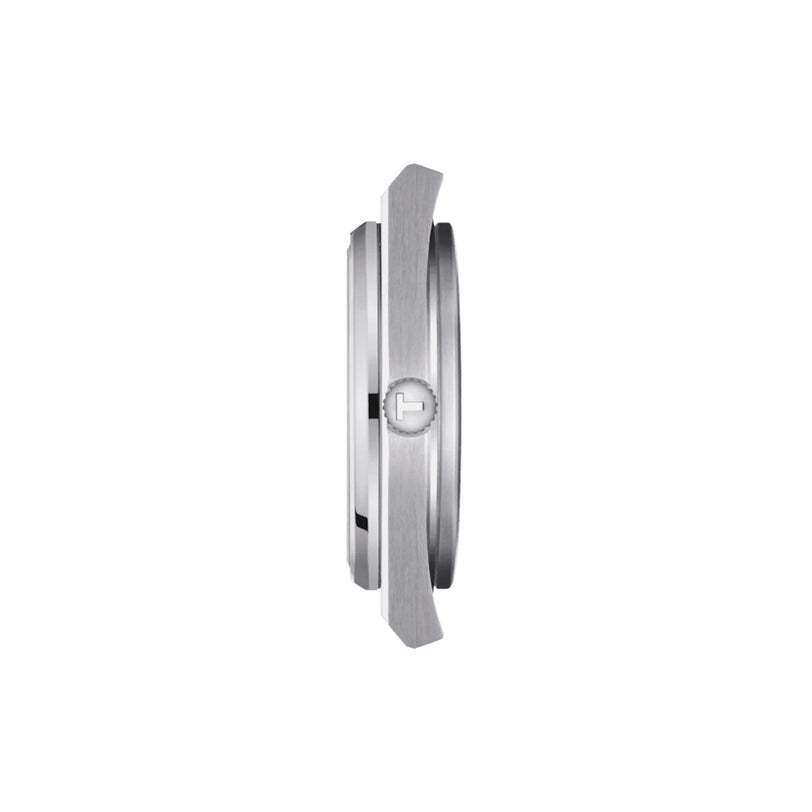 Side view of the Tissot PRX wristwatch in silver, showcasing its slim case and engraved logo on the crown against a white background, emphasizing the watch’s sleek design.