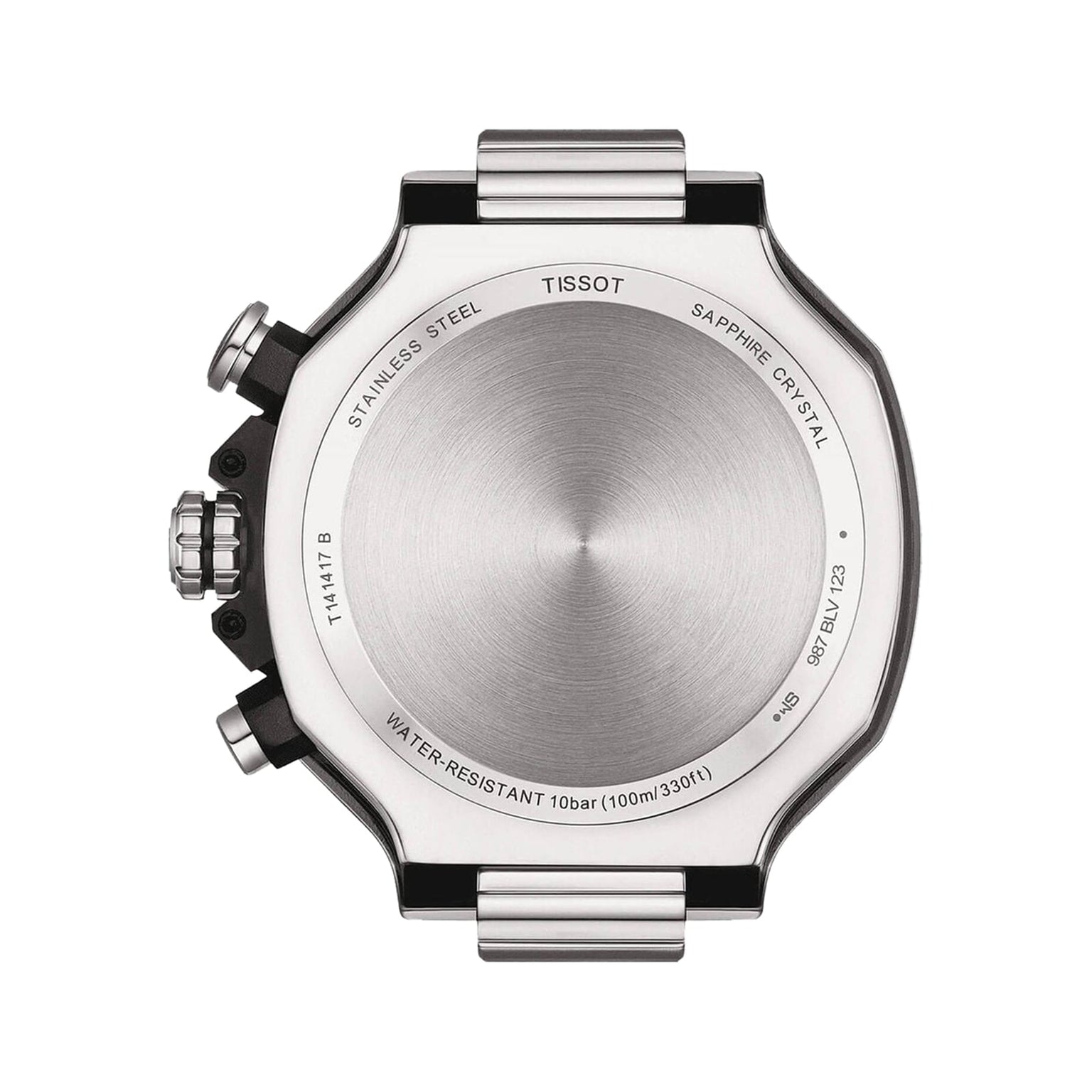 Back view of the Tissot T-Race Chronograph revealing its stainless steel case, 10 bar water resistance, sapphire crystal, and model engravings—a Swiss quartz chronograph inspired by motorcycles.