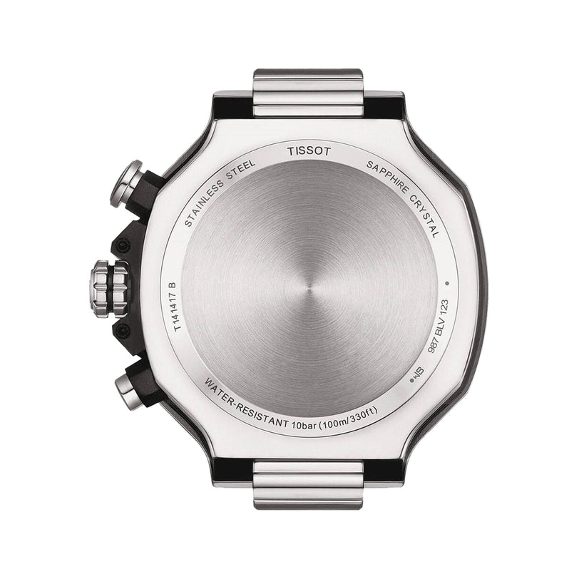 Back view of the Tissot T-Race Chronograph revealing its stainless steel case, 10 bar water resistance, sapphire crystal, and model engravings—a Swiss quartz chronograph inspired by motorcycles.