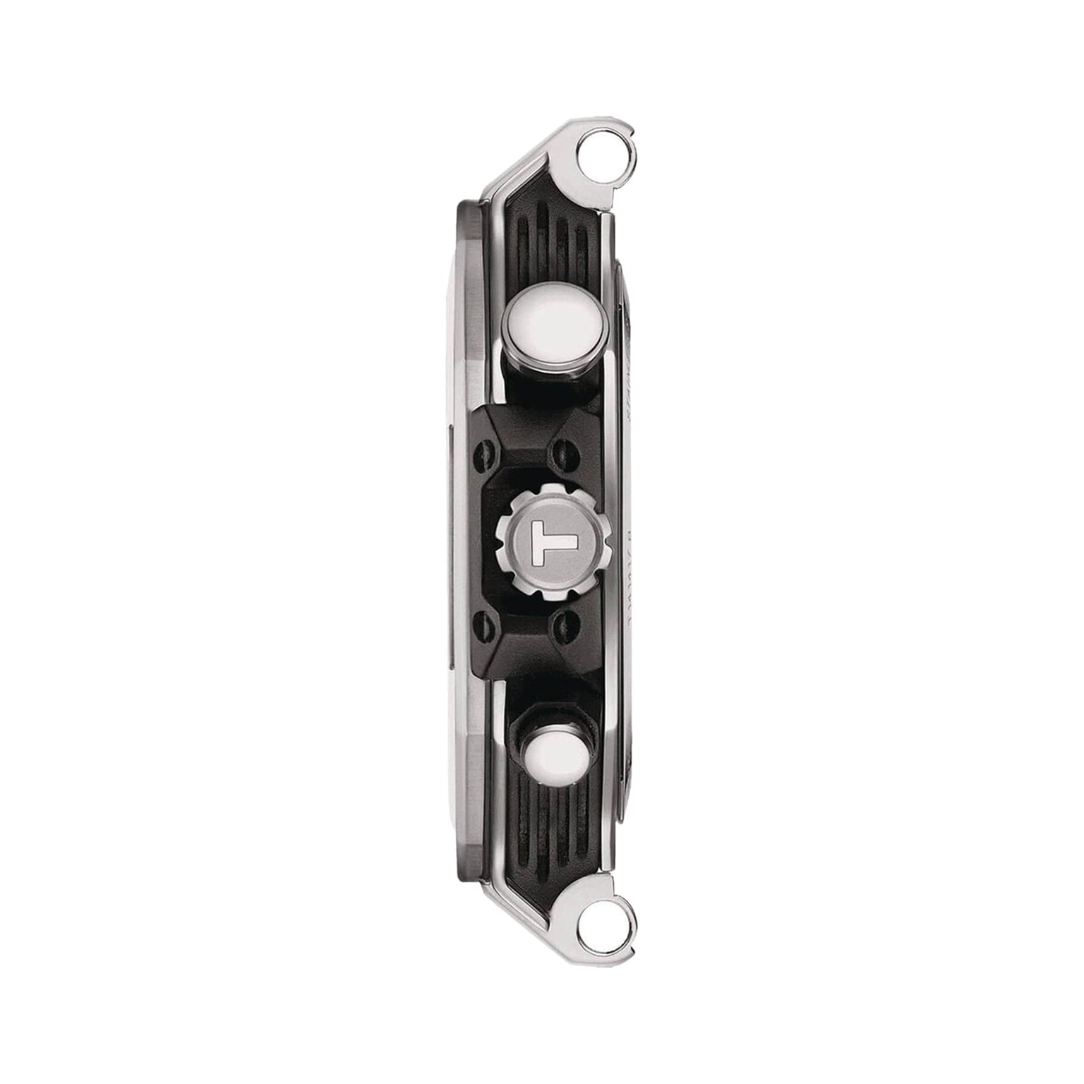 Side view of the Tissot T-Race Chronograph watch, featuring a textured crown between two buttons and a case with black and silver accents inspired by motorcycles.