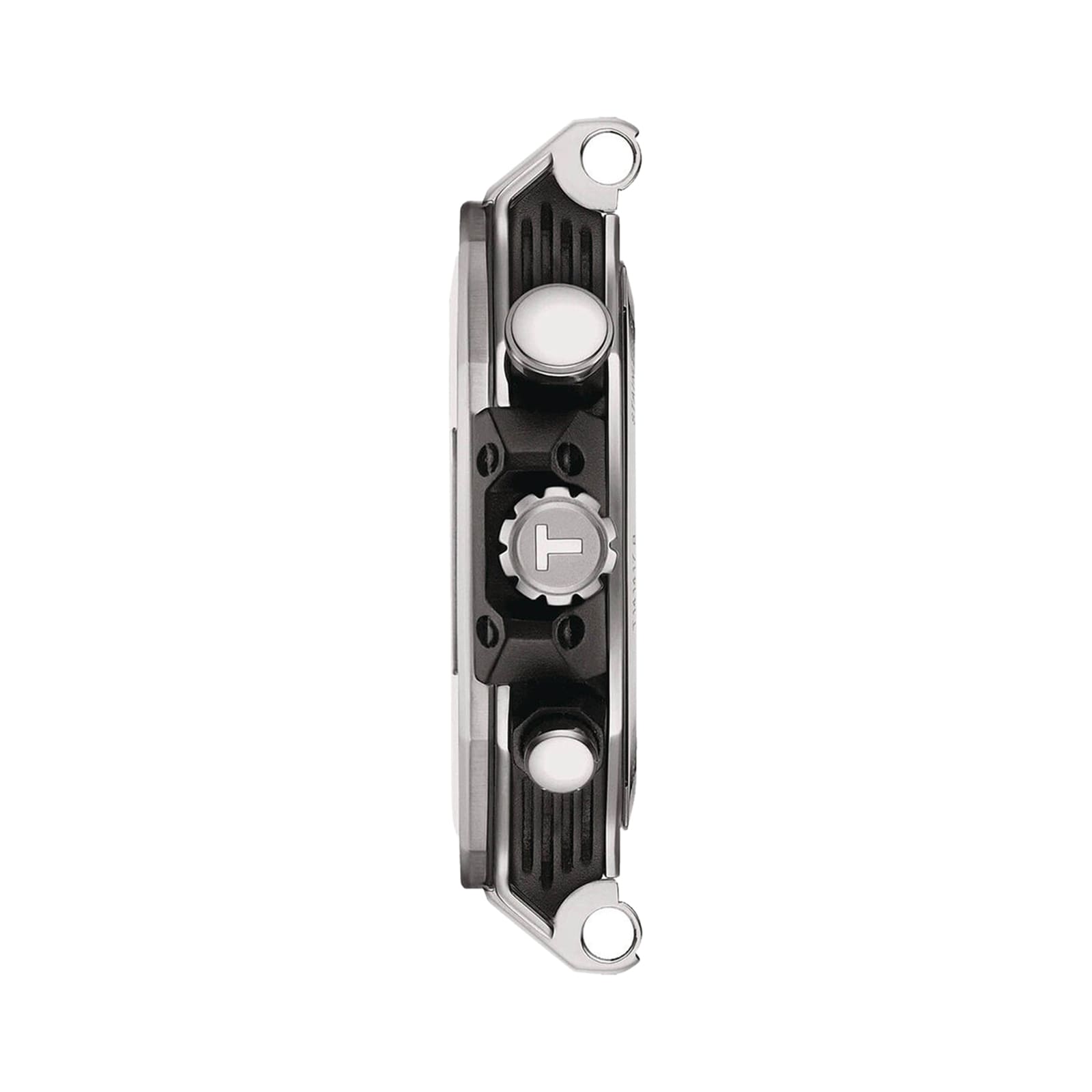 Side view of the Tissot T-Race Chronograph watch, featuring a textured crown between two buttons and a case with black and silver accents inspired by motorcycles.