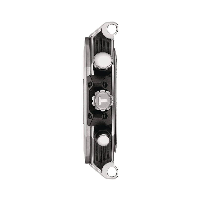 Side view of the Tissot T-Race Chronograph watch, featuring a textured crown between two buttons and a case with black and silver accents inspired by motorcycles.