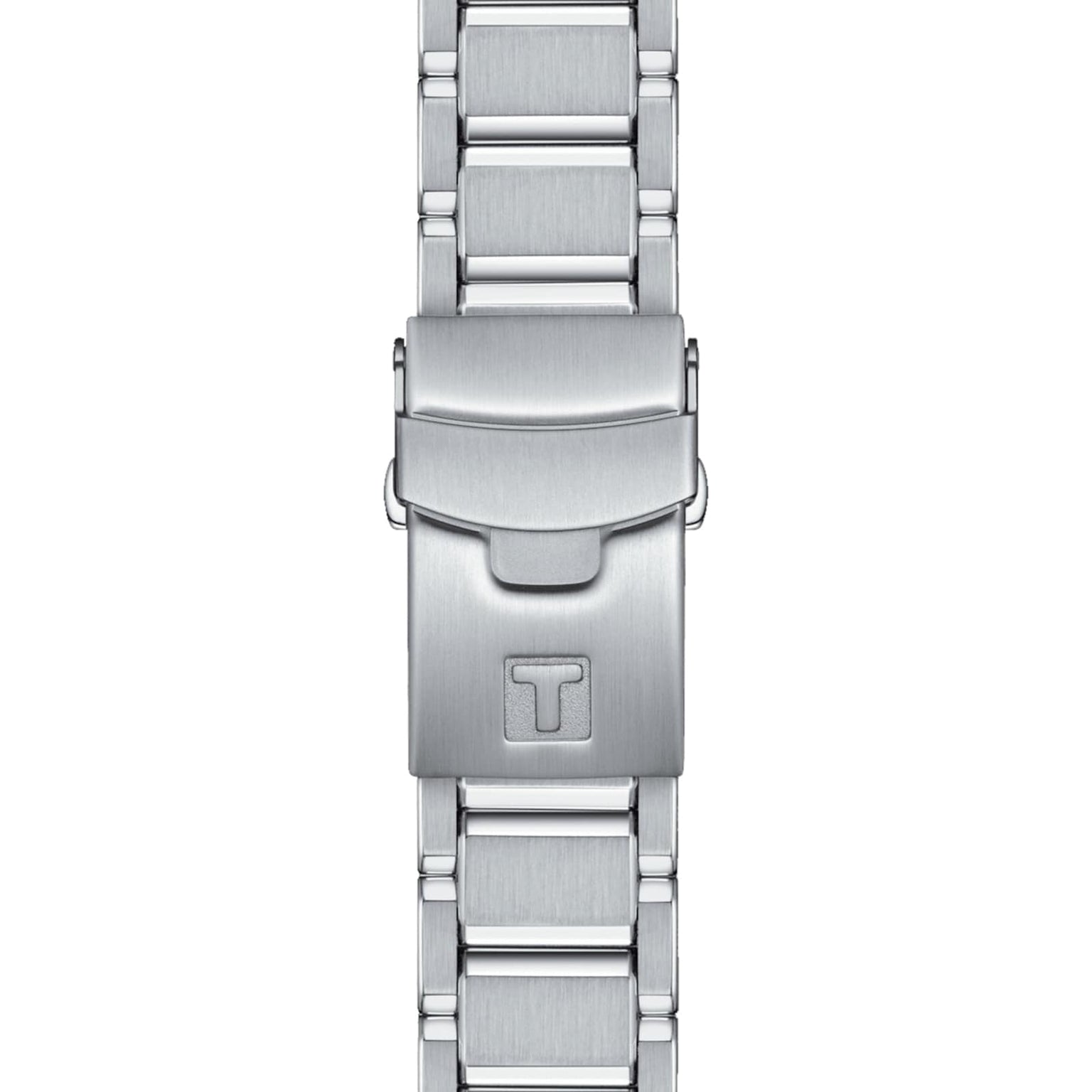 Close-up of the stainless steel bracelet and engraved clasp of the Tissot T-Race Chronograph, showcasing its motorcycle-inspired design and Swiss quartz chronograph precision.