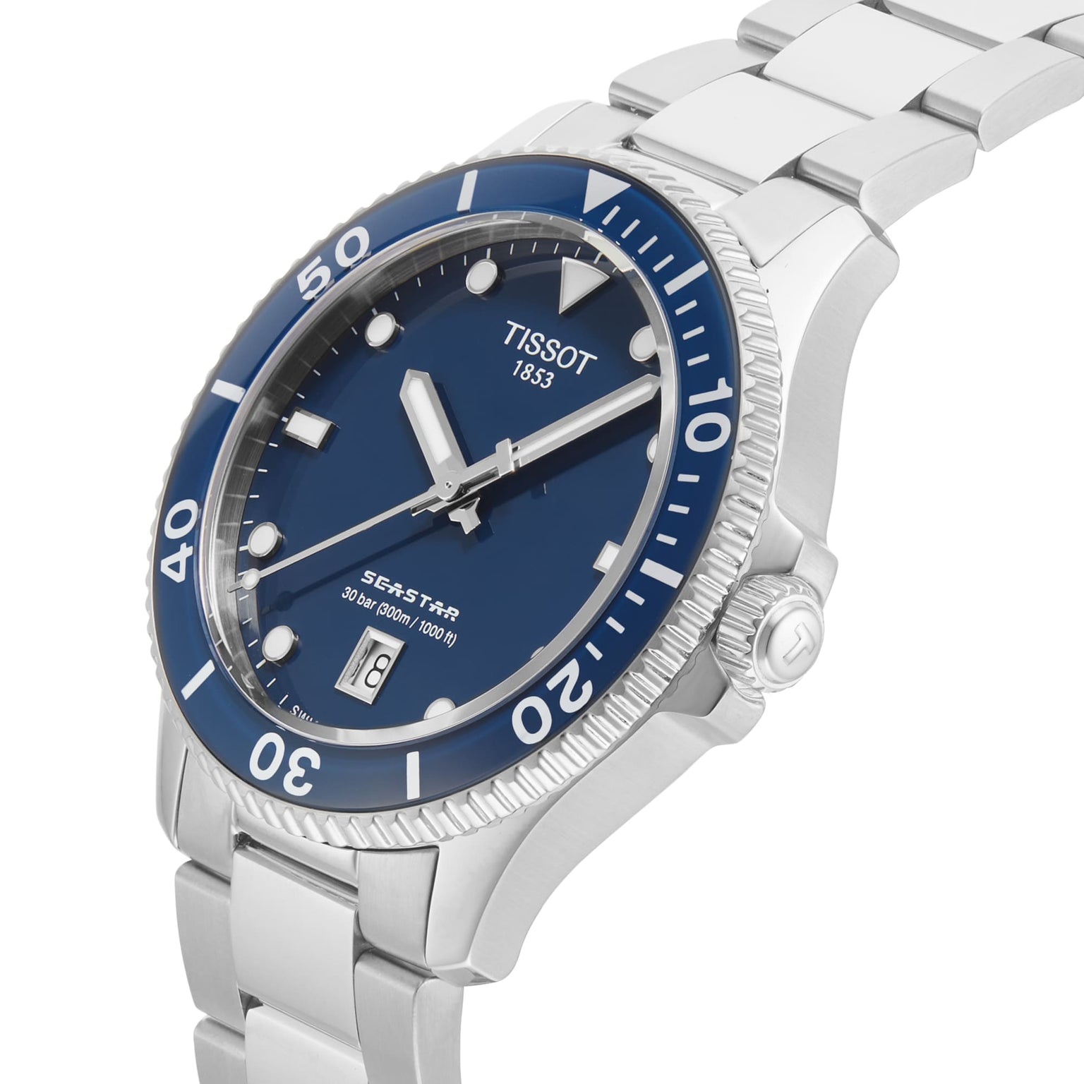 The Tissot Seastar 1000 is a stainless steel divers watch featuring a blue dial, rotating bezel, date display, luminous markers, and water resistance for underwater reliability. Shown here at an angled view.