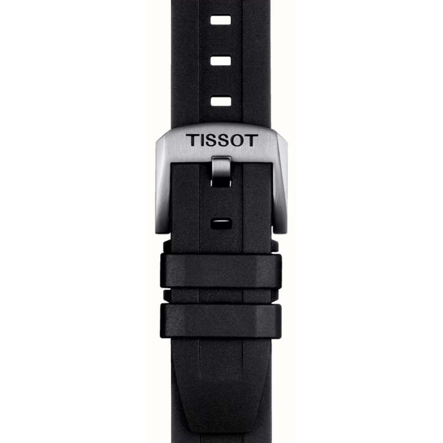 Close-up of a black rubber strap with a silver buckle engraved Tissot, designed for the Seastar 1000 divers watch and built to be 30 bar water resistant.