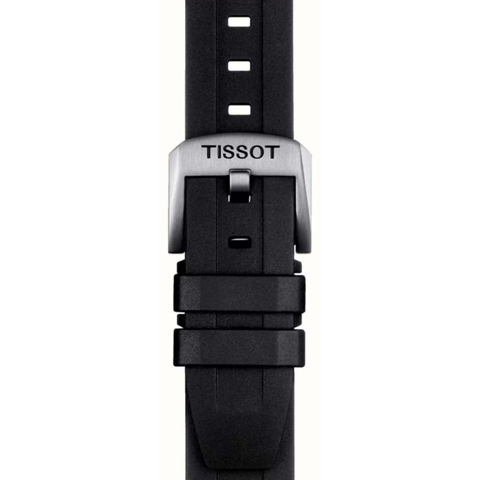 Close-up of a black rubber strap with a silver buckle engraved Tissot, designed for the Seastar 1000 divers watch and built to be 30 bar water resistant.