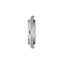Side view of the Tissot PRX Powermatic 80 wristwatch, featuring a silver stainless steel case with a round crown and brushed metal finish, isolated on a white background.