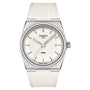 The Tissot PRX is a 40mm vintage-style wristwatch with a silver case, white textured strap, and white dial with silver hour markers, hands, and a date window at 3 oclock—offering timeless elegance.