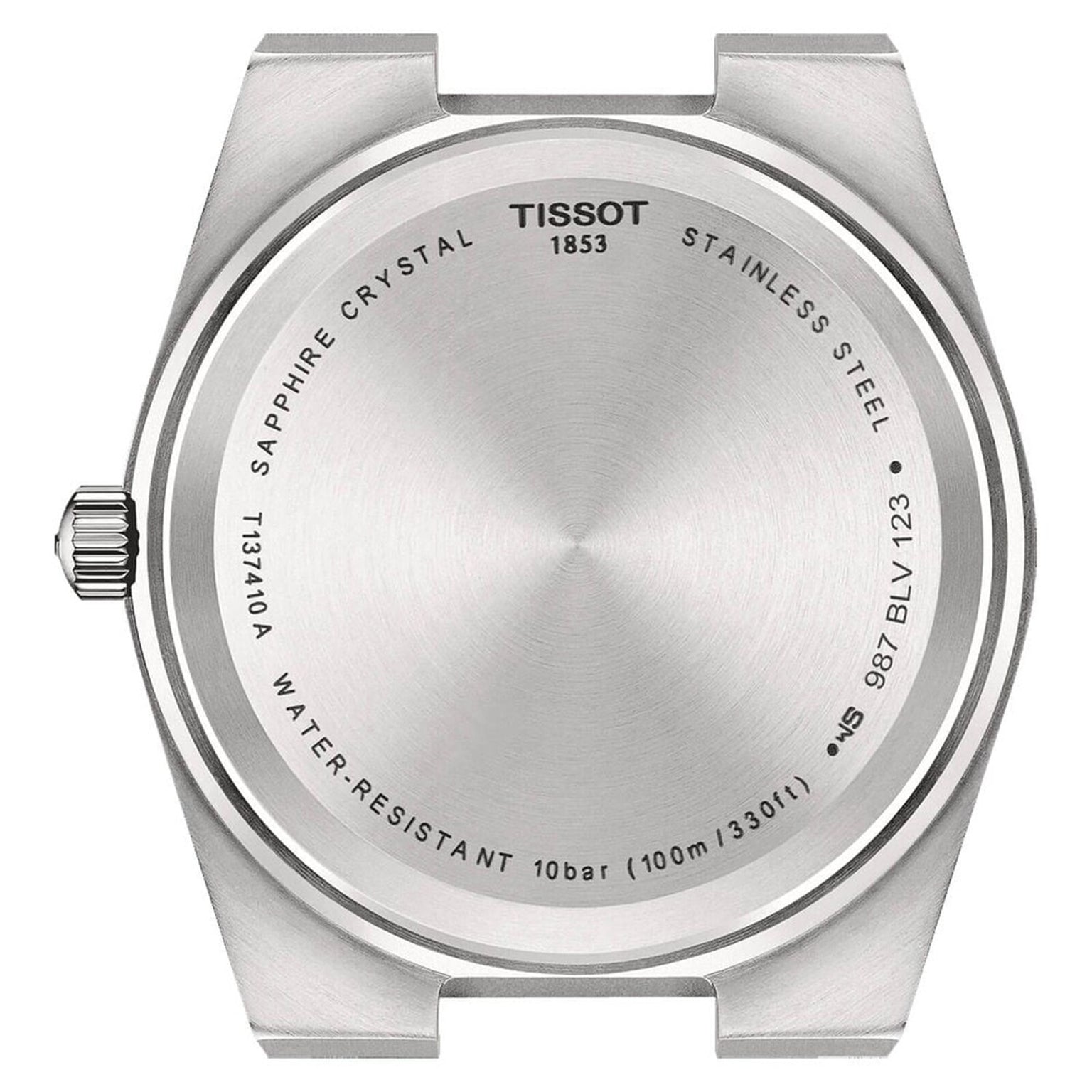 Back view of the Tissot PRX watch case highlights its vintage style and features engraved brand, water resistance, sapphire crystal, and model info on the stainless steel caseback.