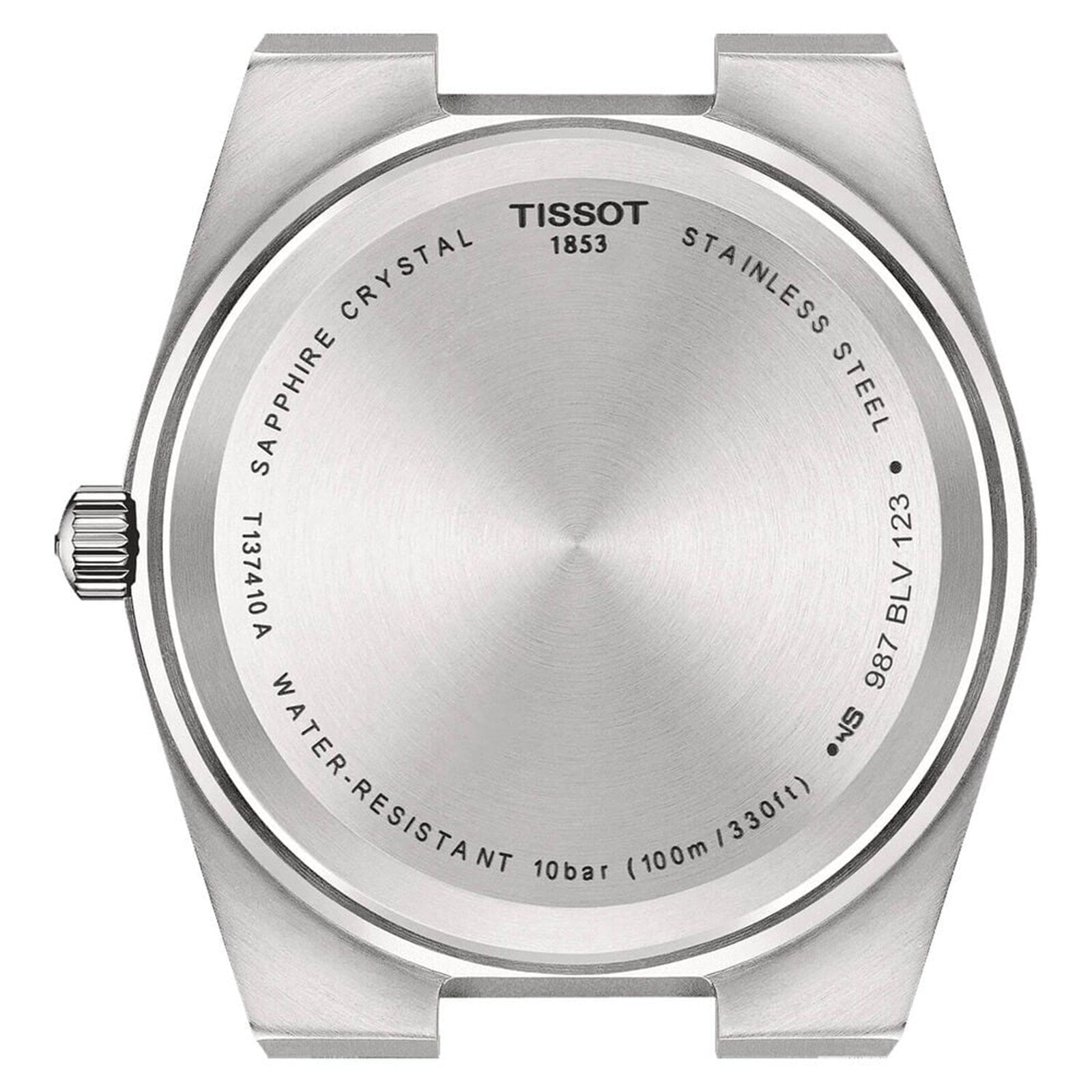 Back view of the Tissot PRX watch case highlights its vintage style and features engraved brand, water resistance, sapphire crystal, and model info on the stainless steel caseback.
