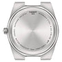 Back view of the Tissot PRX watch case highlights its vintage style and features engraved brand, water resistance, sapphire crystal, and model info on the stainless steel caseback.
