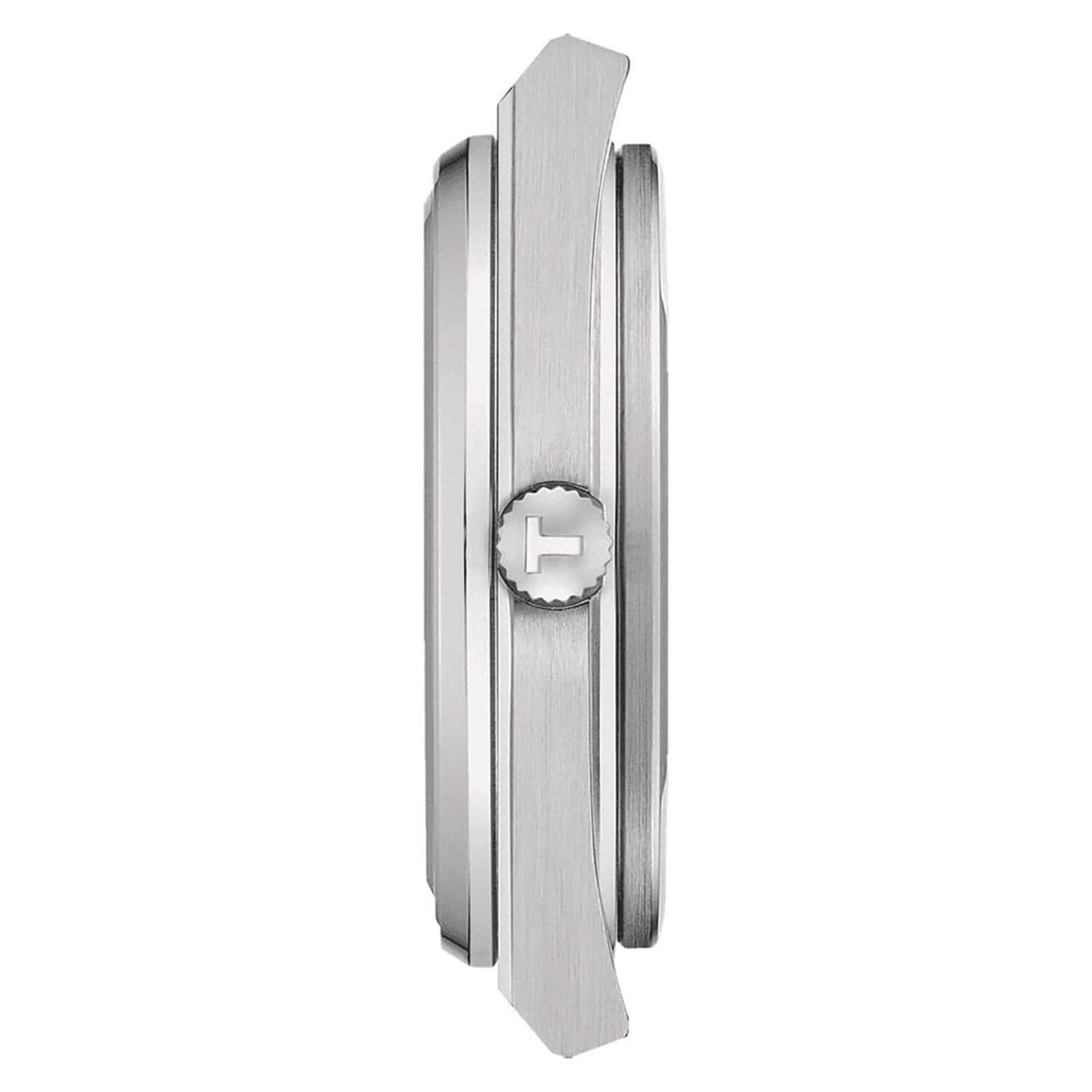 Side view of the Tissot PRX, a silver 40mm watch case with a textured crown and brushed finish, highlighting its vintage-style thickness and bezel design.
