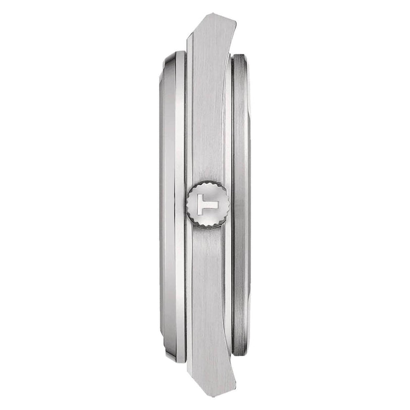 Side view of the Tissot PRX, a silver 40mm watch case with a textured crown and brushed finish, highlighting its vintage-style thickness and bezel design.