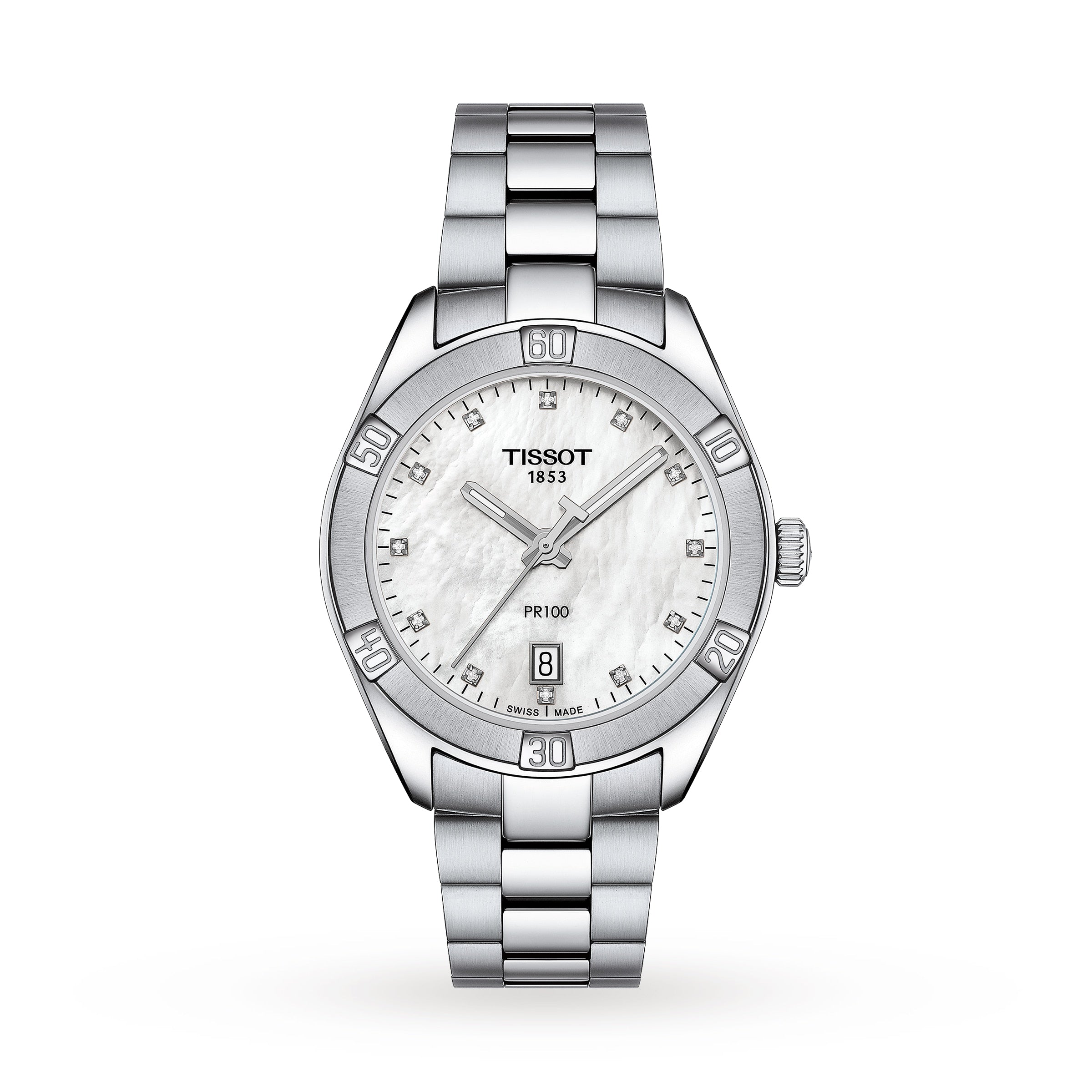The Tissot PR 100 Sport Chic is a silver stainless steel watch with a white dial, date display at 6 o’clock, and sparkling diamond hour markers.