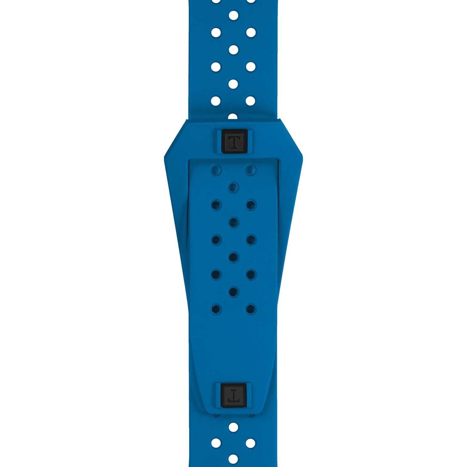 The Tissot Sideral S Powermatic 80 features a blue perforated strap with a central rectangular section and two black buttons on either end of the central area.