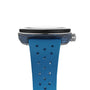 Side view of the Tissot Sideral S Powermatic 80 wristwatch featuring a blue perforated strap, textured case, and a ridged crown positioned on the right side.