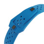 The Tissot Sideral S Powermatic 80 features a blue perforated wristband, black rectangular buttons, and a modern, sporty design.