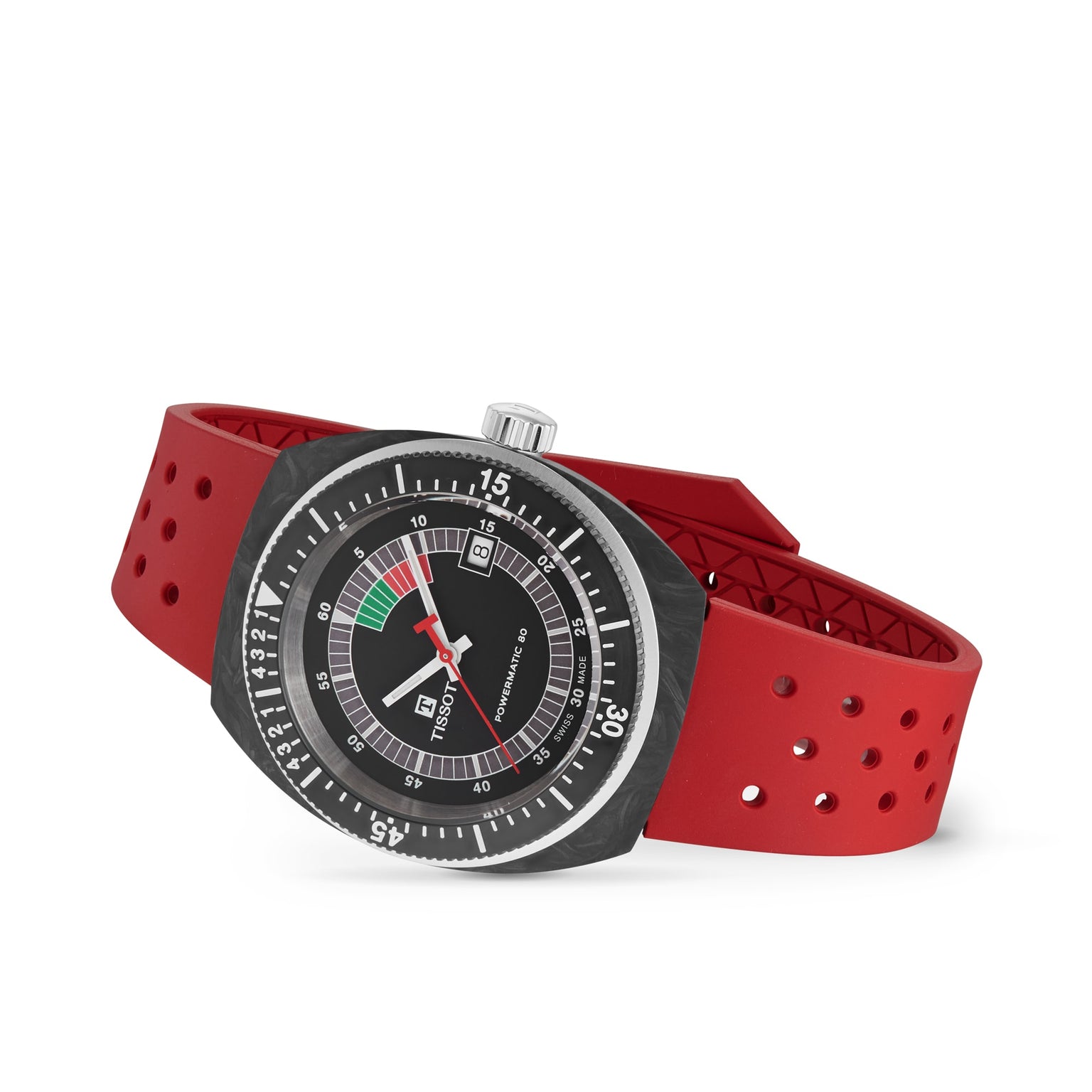 The Tissot Sideral S Powermatic 80 wristwatch, featuring a black dial with white markers, red and white hands, and a red perforated strap, is displayed at an angle.
