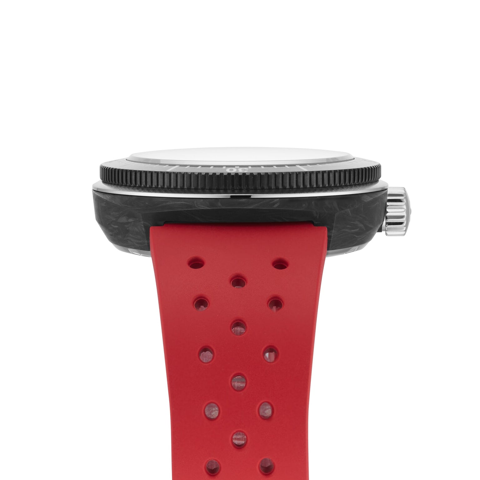 Side view of the Tissot Sideral S Powermatic 80 wristwatch featuring a black case, silver crown, and a red perforated strap.