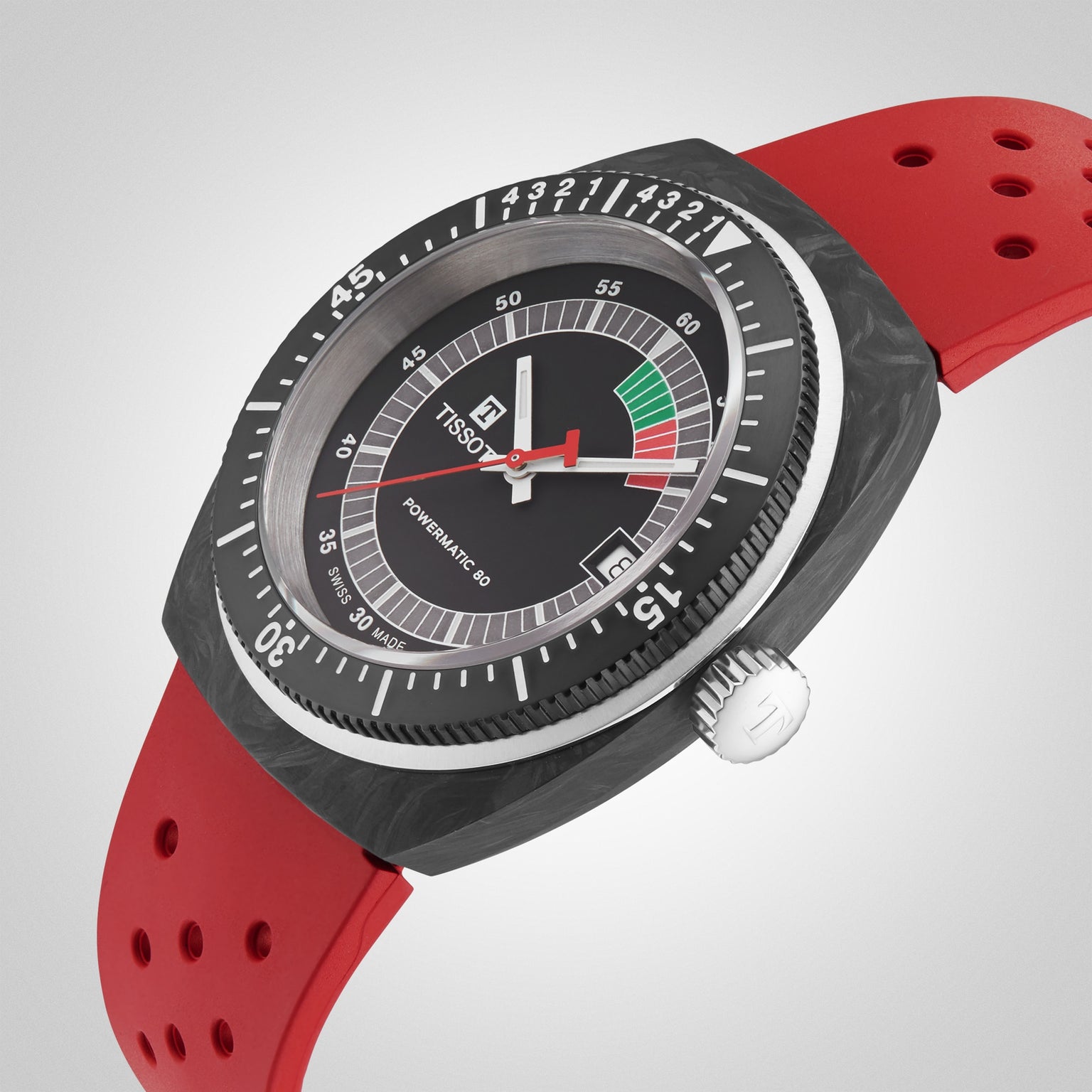 The Tissot Sideral S Powermatic 80 wristwatch features a black dial, red accents, and a red perforated strap, displayed against a light background.