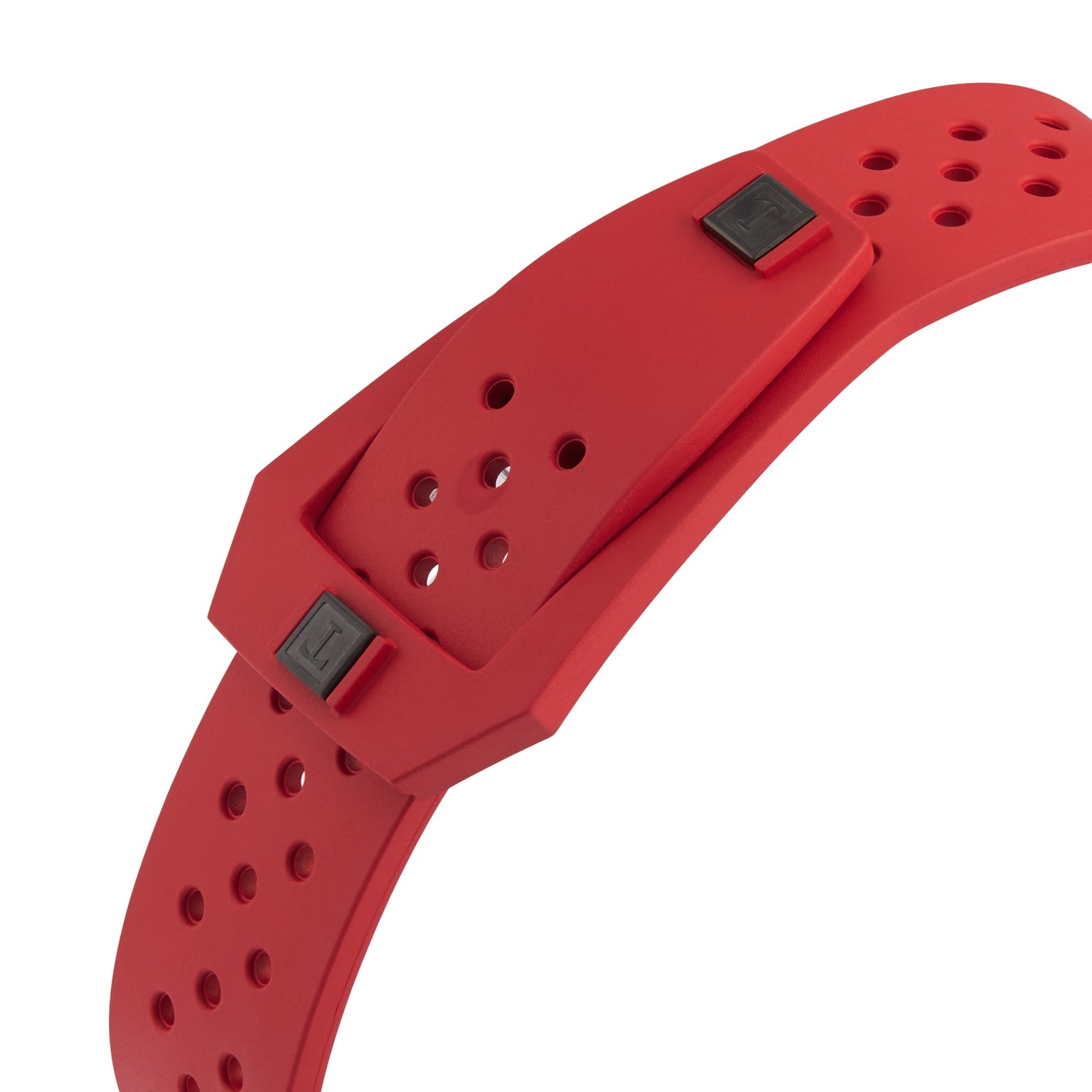A close-up of the Tissot Sideral S Powermatic 80 wristband, featuring red perforated material and a rectangular clasp, displayed against a white background.