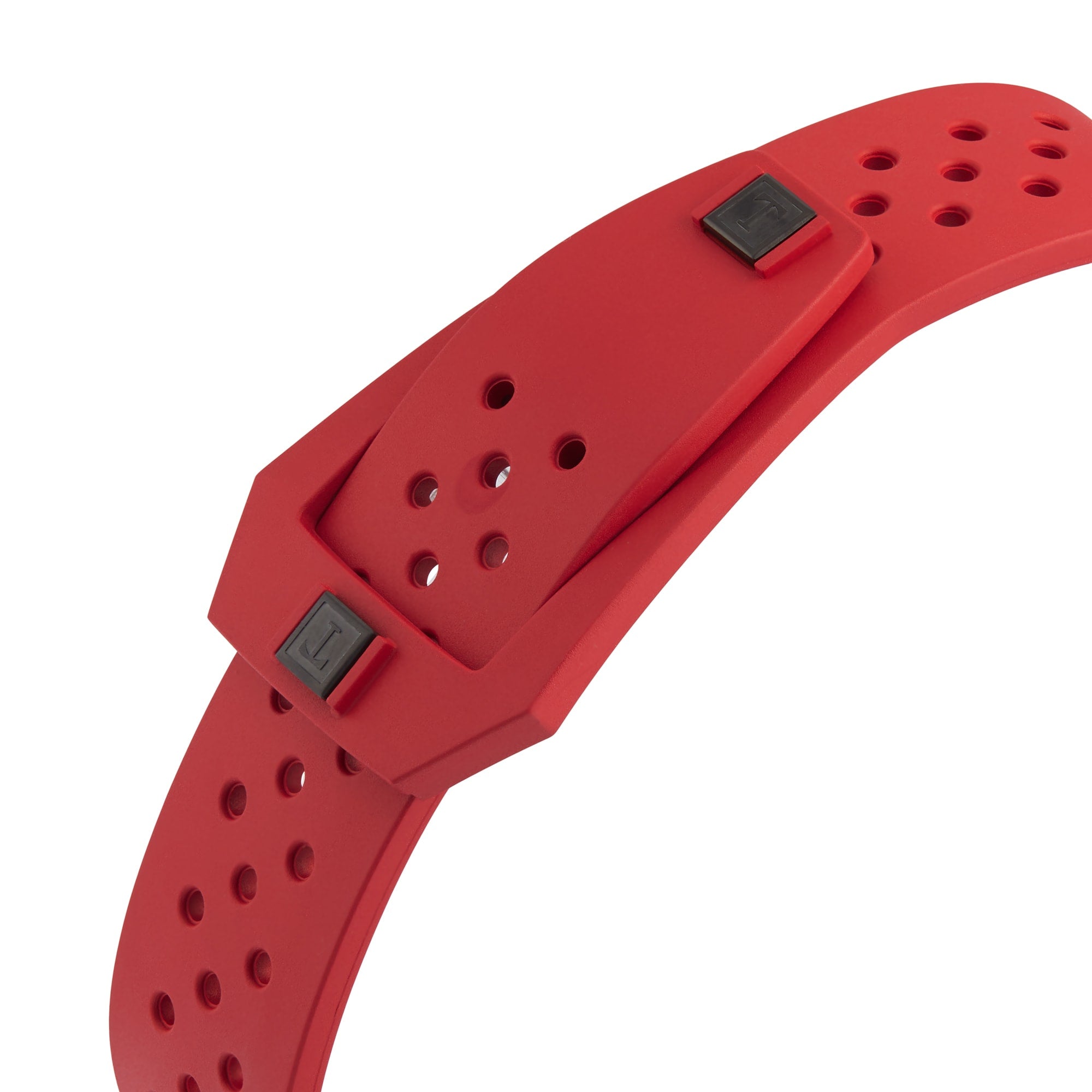 A close-up of the Tissot Sideral S Powermatic 80 wristband, featuring red perforated material and a rectangular clasp, displayed against a white background.