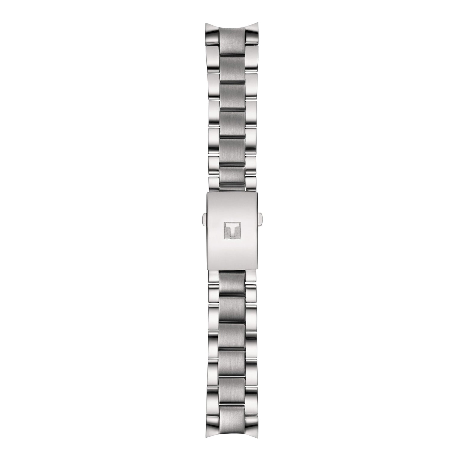 The Tissot Chrono XL Classic features a stainless steel watch band with a clasp bearing a raised T logo, displayed on a white background.