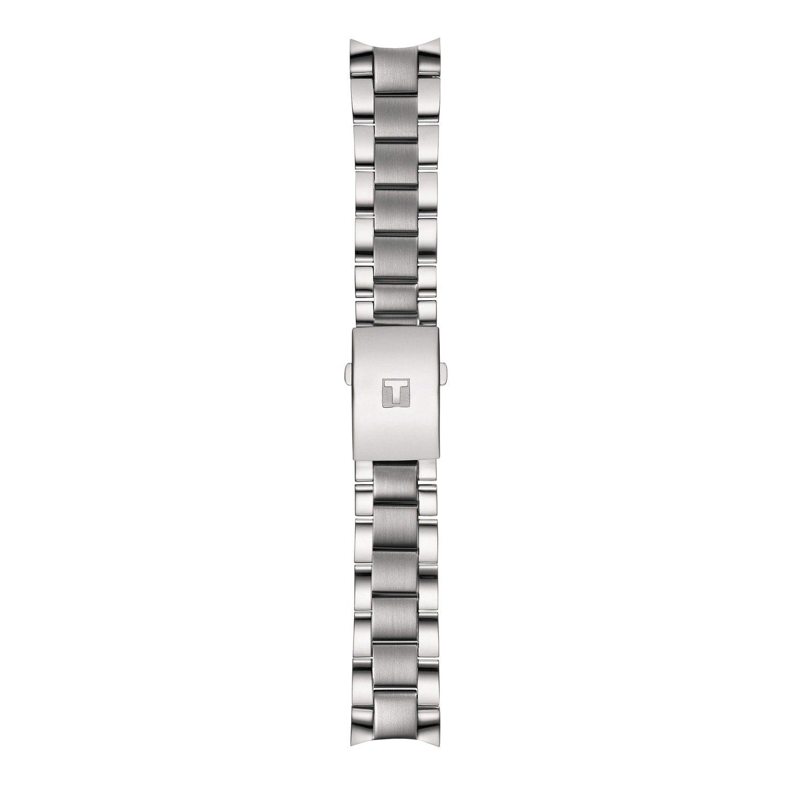 The Tissot Chrono XL Classic features a stainless steel watch band with a clasp bearing a raised T logo, displayed on a white background.