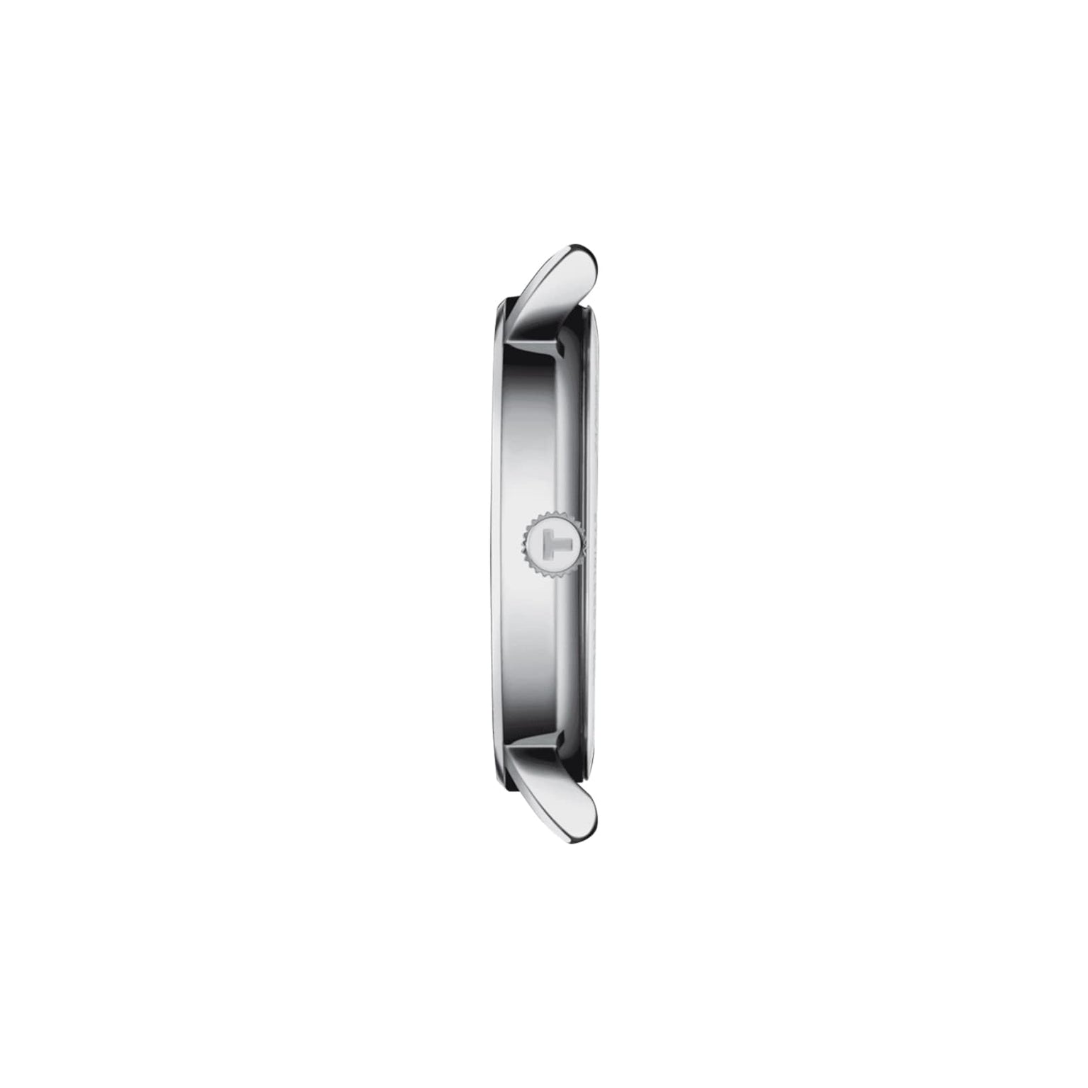 Side view of the Tissot Everytimes round silver case, featuring the crown and two lugs without a strap, displayed on a plain white background.