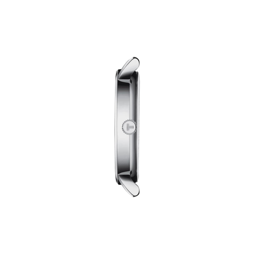 Side view of the Tissot Everytimes round silver case, featuring the crown and two lugs without a strap, displayed on a plain white background.