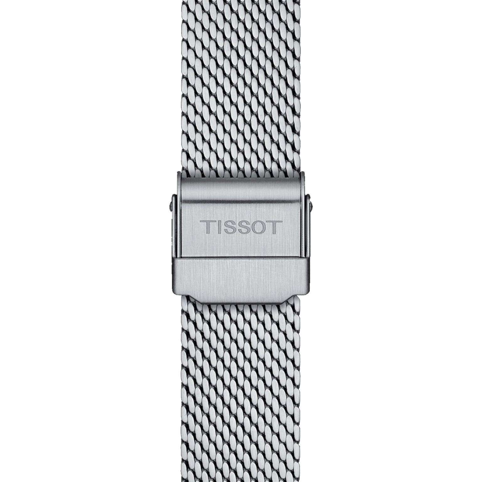 Close-up of the Tissot Everytimes silver mesh metal strap, featuring a clasp engraved with TISSOT, highlighting the refined design on a white background.