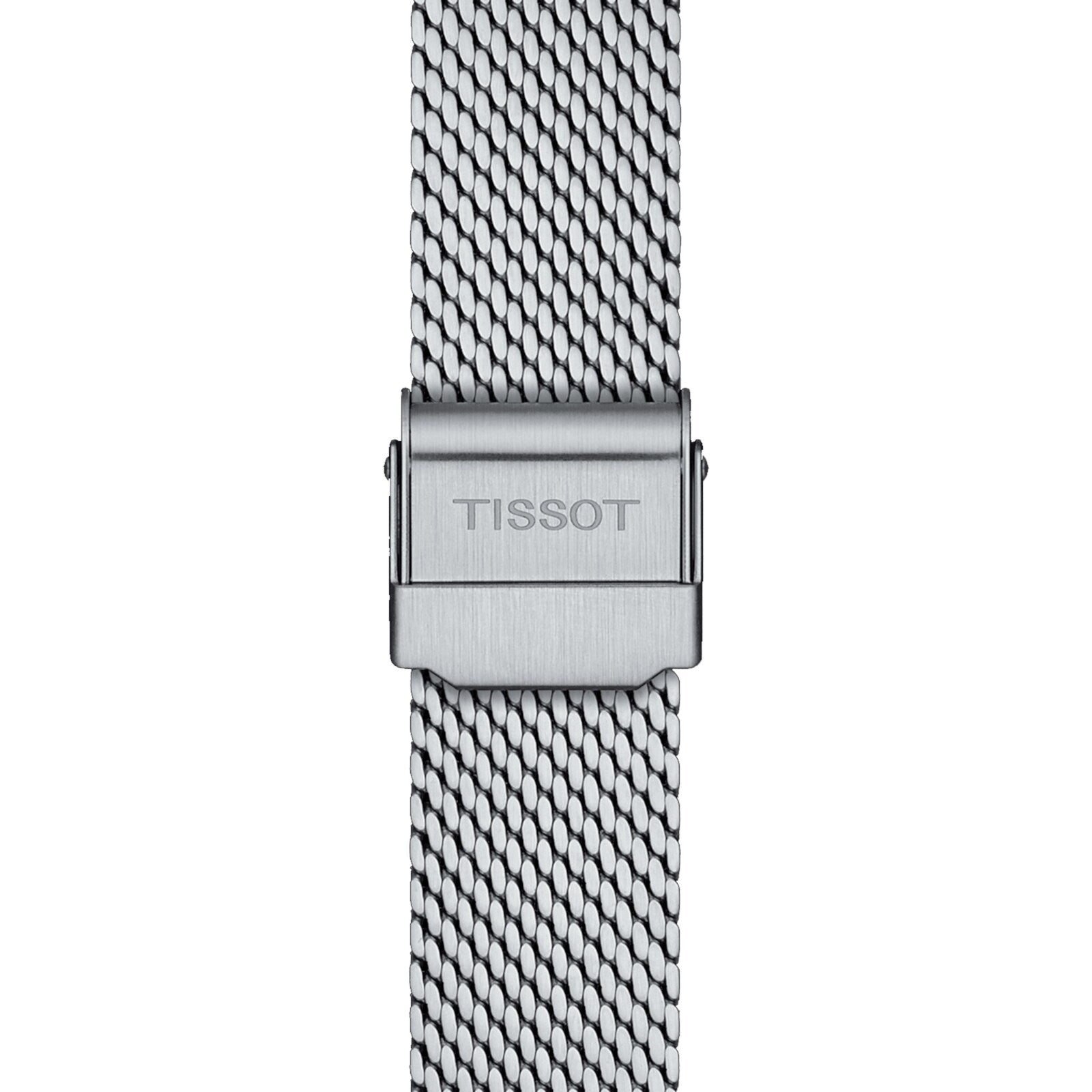 Close-up of the Tissot Everytimes silver mesh metal strap, featuring a clasp engraved with TISSOT, highlighting the refined design on a white background.