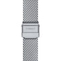 Close-up of the Tissot Everytimes silver mesh metal strap, featuring a clasp engraved with TISSOT, highlighting the refined design on a white background.