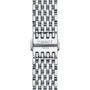 Close-up of a silver metal Tissot Everytime bracelet clasp, featuring the TISSOT 1853 engraving—a hallmark of timeless design.