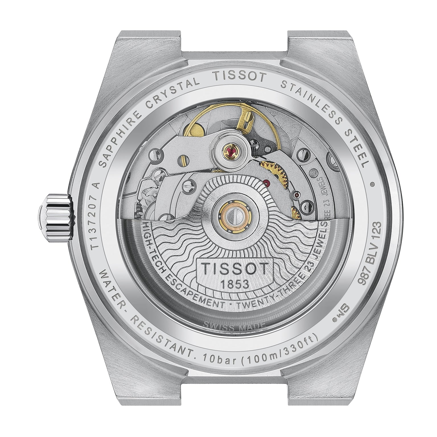 Close-up of the transparent case back on the Tissot PRX Powermatic 80, revealing its mechanical movement and engraved stainless steel rim.