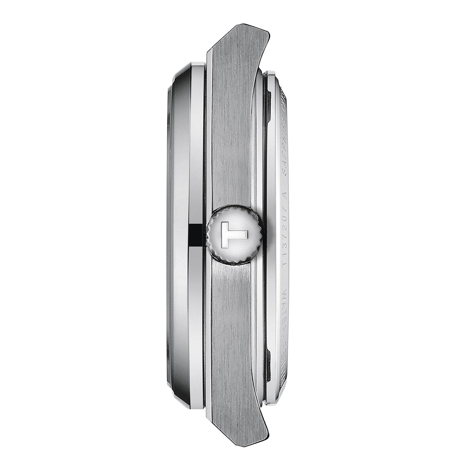 Side view of the silver Tissot PRX Powermatic 80 case featuring a brushed metal finish, logo-engraved crown, and raised bezel, accentuating the green dials elegance against a white background.