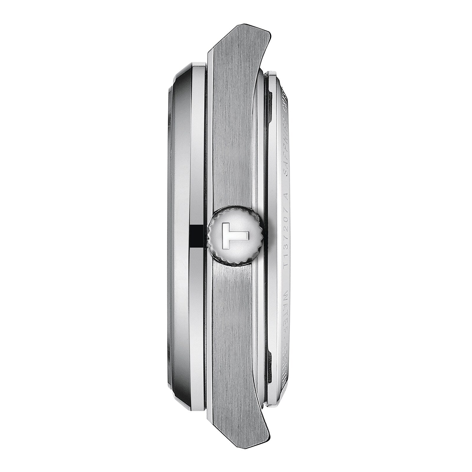 Side view of the silver Tissot PRX Powermatic 80 case featuring a brushed metal finish, logo-engraved crown, and raised bezel, accentuating the green dials elegance against a white background.