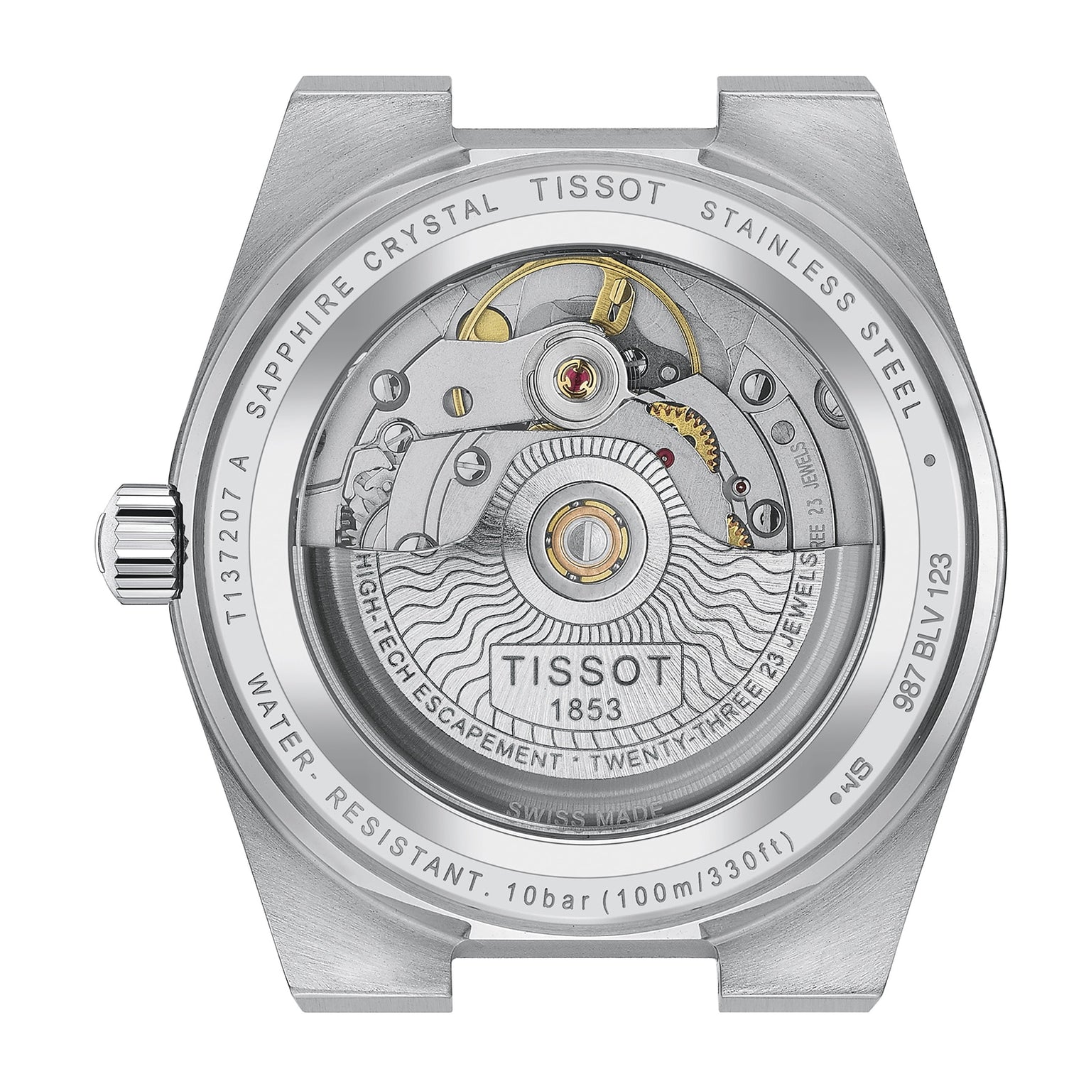 Close-up of the Tissot PRX Powermatic 80s back, revealing its exposed mechanical movement with intricate engravings on the stainless steel case.